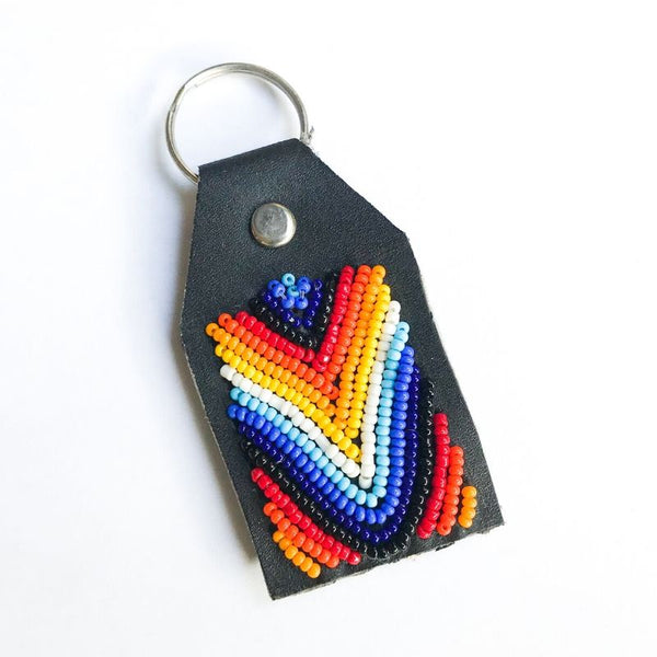A handmade multicolored beaded keychain on leather by RoHo