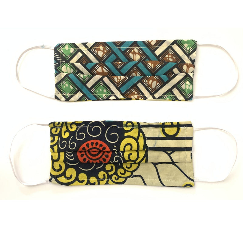 Two Kitenge African fabric face masks against a white background, Helping the Food Bank