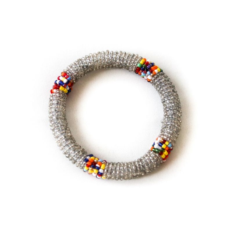 One single RoHo Fair Trade silver beaded small bangle braceletwith multicolored accents against a white background