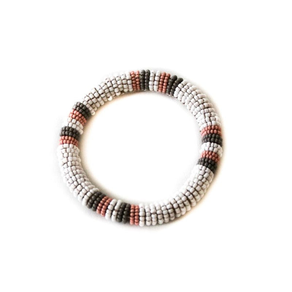 RoHo Fair Trade, Ethical, beaded white small bangle bracelet with pink and grey accents
