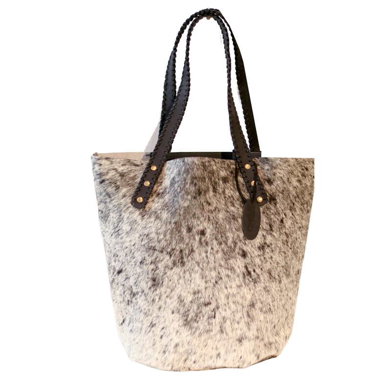 RoHo's Handcrafted Grey Cowhide Tote Bag Handcrafted in Africa with Leather Straps & Gold Brass Button Accents