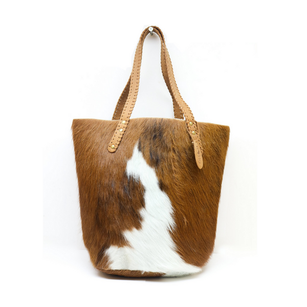 RoHo's Handcrafted Long Haired Tan & White Cowhide Tote Bag Handcrafted in Kenya with Leather Straps