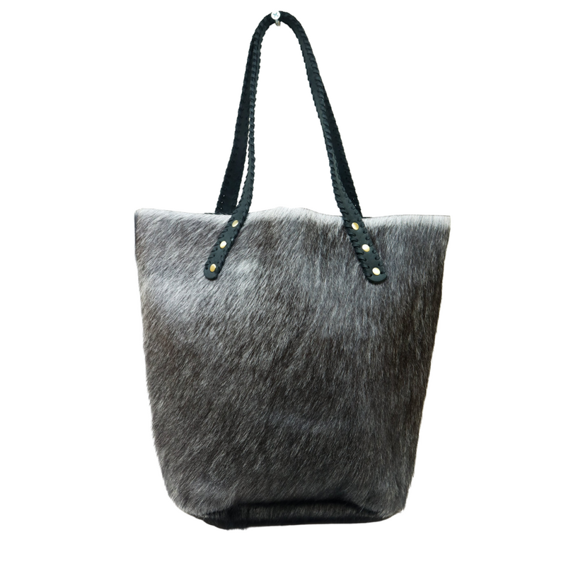 RoHo's Handcrafted Grey Cowhide Tote Bag Handcrafted in Kenya with Leather Straps & Gold Brass Button Accents