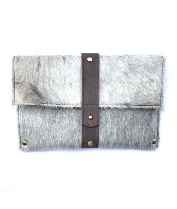 RoHo's Purposeful cowhide clutch with grey cowhide and brown finished leather accents