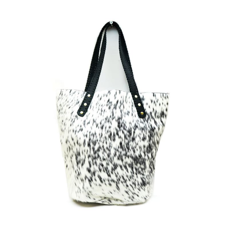 RoHo's Handcrafted Grey Hair On Bucket Bag Handcrafted in Kenya with Leather Straps & Gold Brass Button Accents