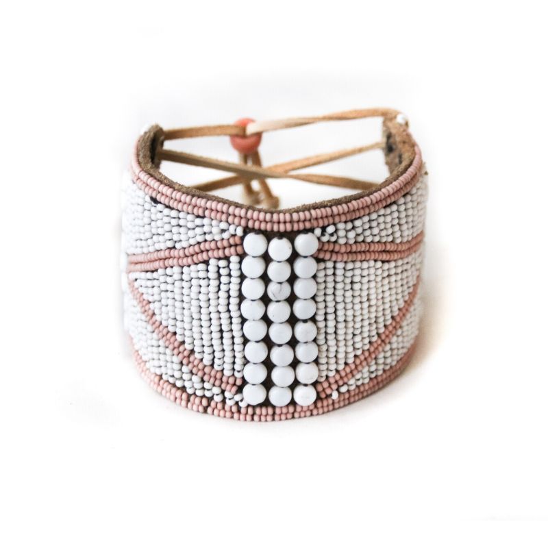 RoHo Fair Trade Meaningful Beaded Kenyan Jewelry on Leather, Beaded Cuff with Accents