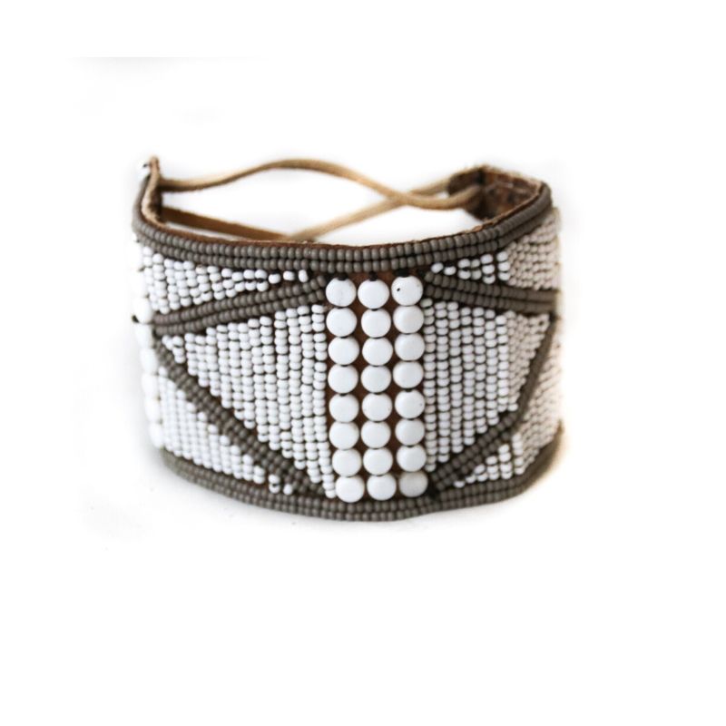RoHo Fair Trade Handmade Beaded Kenyan Jewelry on Leather, Beaded Cuff with Grey Accents, a gift for Good