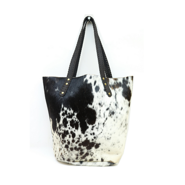 RoHo's Handcrafted Black & White Cowhide Tote Bag Handcrafted in Kenya with Leather Straps & Gold Brass Button Accents