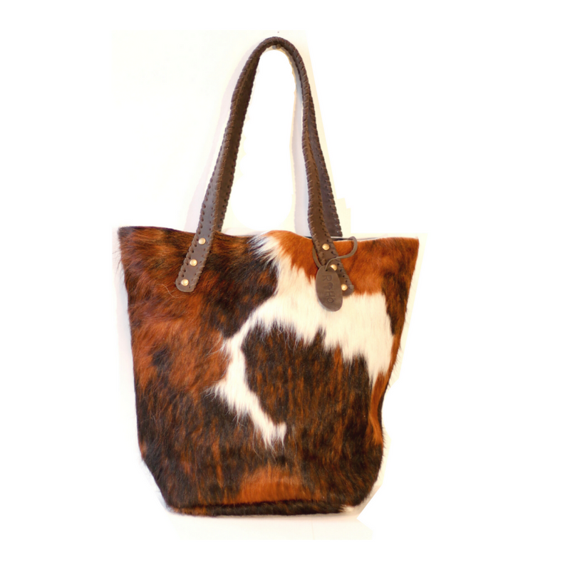 RoHo's Handcrafted Tri Colored Cowhide Tote Bag Handcrafted in Kenya with Leather Straps & Gold Brass Button Accents