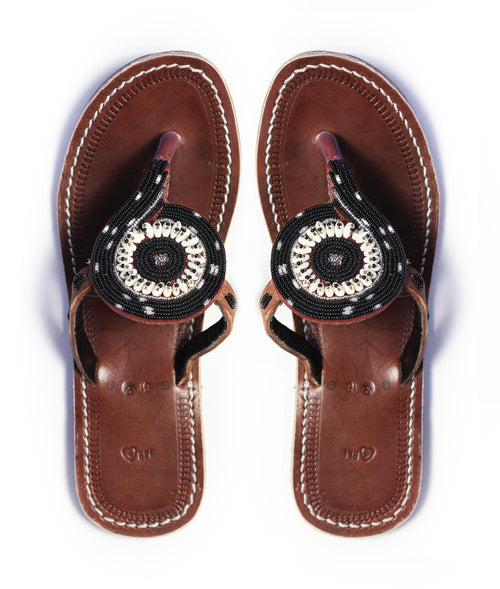 RoHo Black african beaded leather sandals with seashell accents