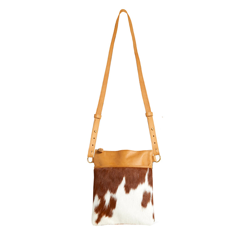 RoHo's Handmade, Minimalist & Unique Tan & White Cowhide Small Crossbody Pouch, Handcrafted in Kenya