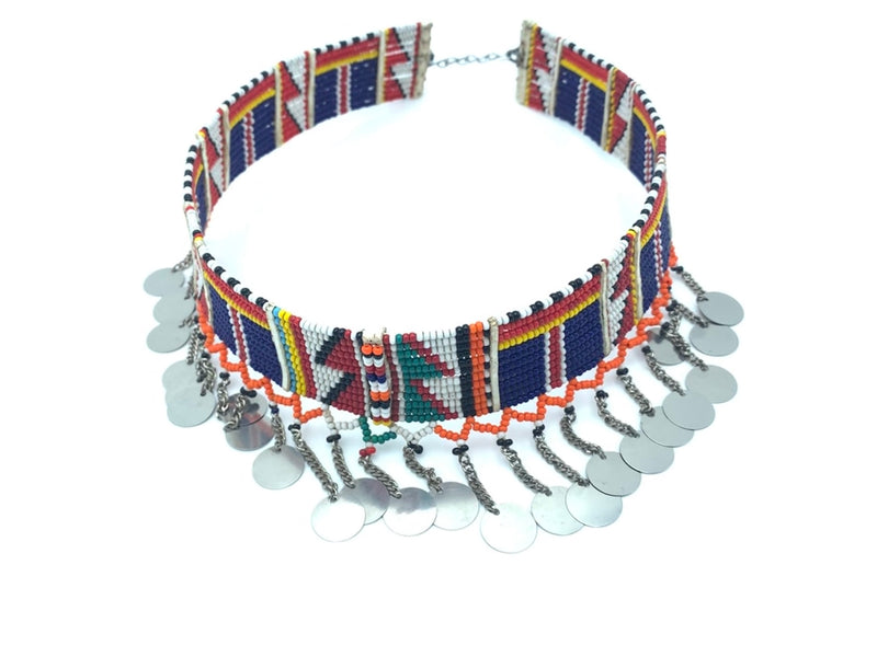 A RoHo Fair Trade multicolored beaded Maasai necklace with hanging metal accents
