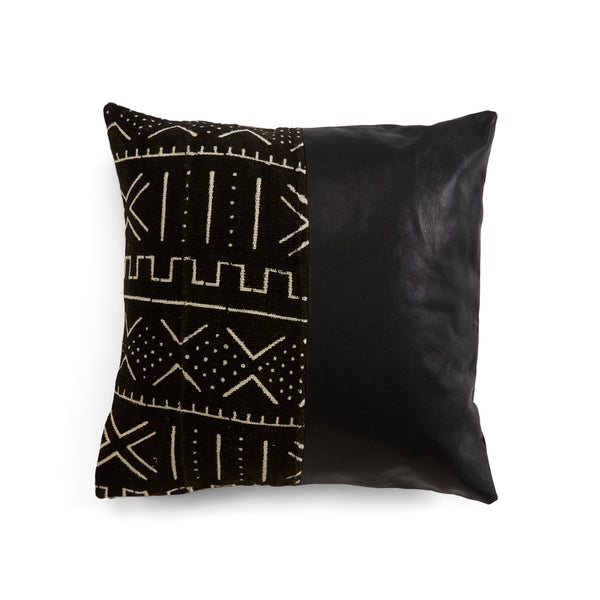 RoHo Fair Trade Handcrafted Mudcloth & Leather Black Accent Pillow, Handmade By Artisans in Kenya