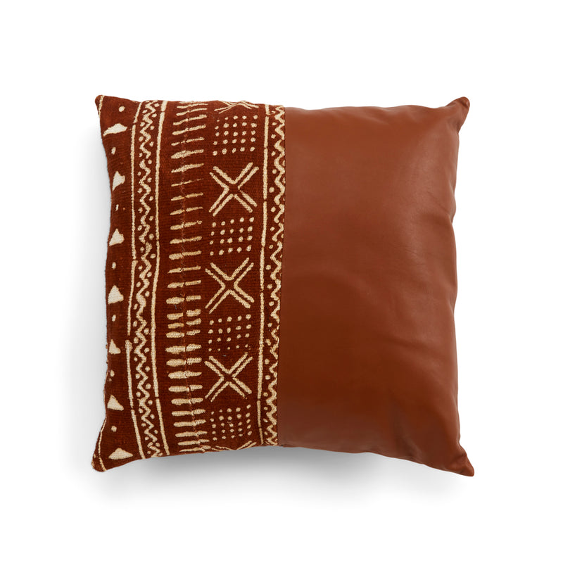 RoHo Fair Trade Handcrafted Mudcloth & Leather Tan Accent Pillow, Handmade By Artisans in Kenya