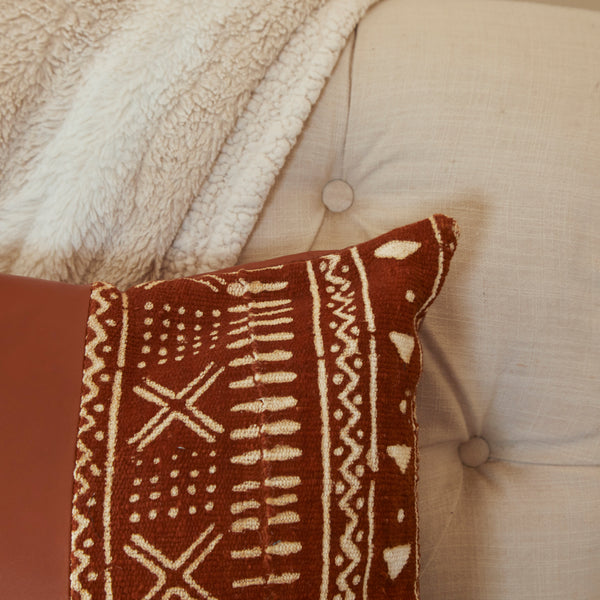 Close up of RoHo Fair Trade Handcrafted Mudcloth & Leather Tan Accent Pillow, Handmade By Artisans in Kenya