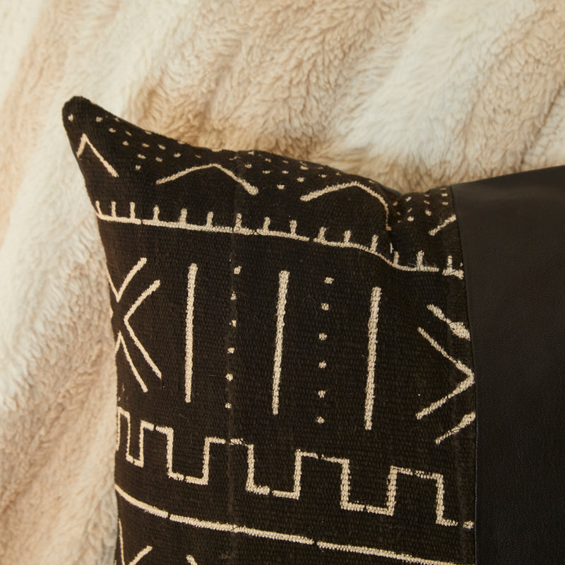 Close up of RoHo Fair Trade Handcrafted Mudcloth & Leather Black Accent Pillow, Handmade By Artisans in Kenya