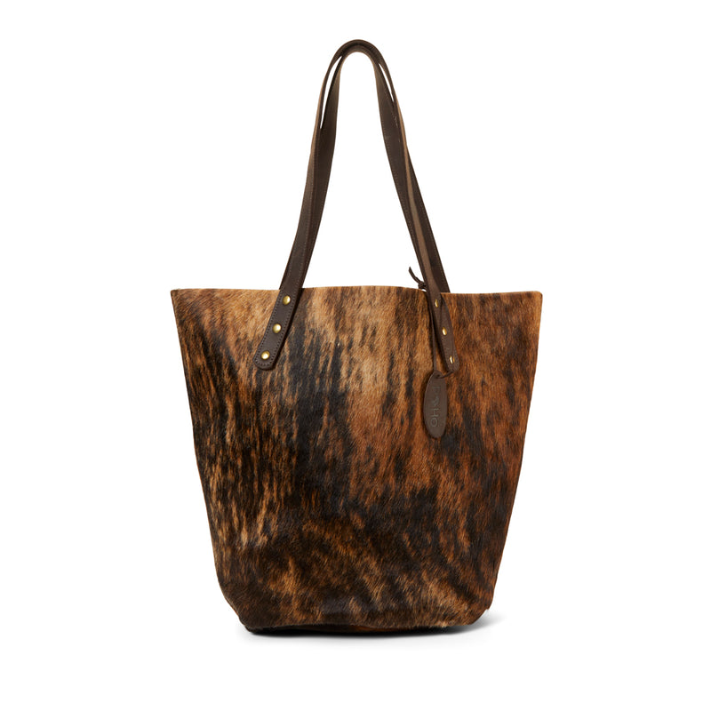 RoHo's Handcrafted Brindle Cowhide Tote Bag Handcrafted in Kenya with Leather Straps & Gold Brass Button Accents