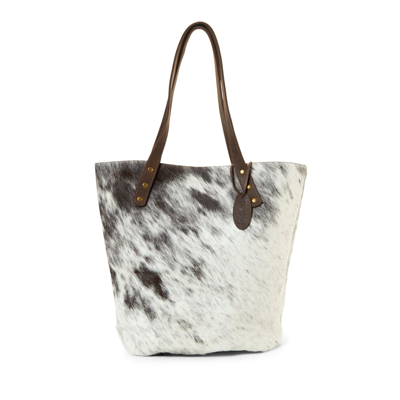 RoHo's Handcrafted Dark Brown and White Cowhide Tote Bag Handcrafted in Kenya with Leather Straps & Gold Brass Button Accents