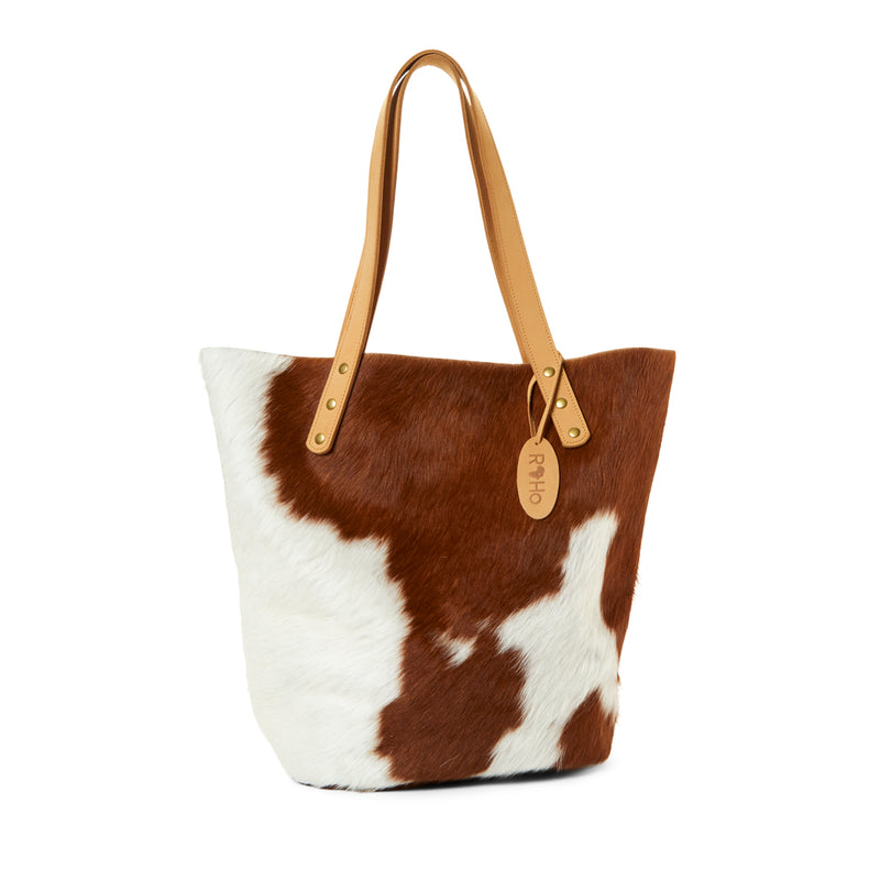 RoHo's Handcrafted Tan & White Cowhide Tote Bag Handcrafted in Kenya with Leather Straps