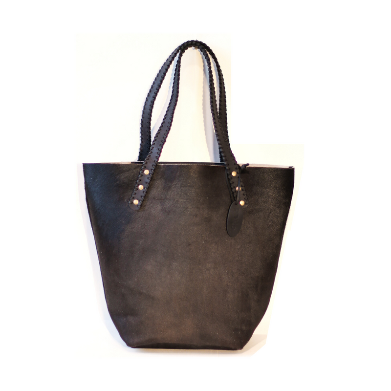 RoHo's Handcrafted Black Cowhide Tote Bag Handcrafted in Kenya with Leather Straps & Gold Brass Button Accents