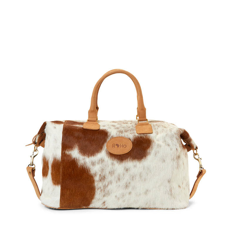 RoHo's Unique Tan & White Cowhide Weekender Bag